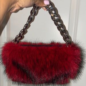 Red Faux Fur Chain-Handle Clutch